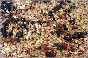 Recette Granola maison végan et léger en gluten aux pistaches , cranberries , baies de goji et cerises séchées