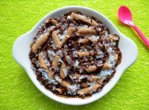 Recette Penne et riz de konjac nappés de sauce chocolat 0 kcal (végan, diététique, allégé, sans sucre ni beurre, très riche en fibres)