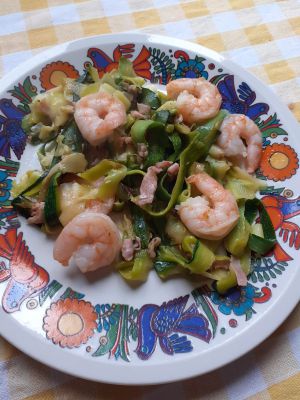 Recette Spaghettis de courgettes aux crevettes et au bacon