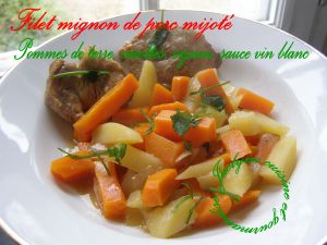 Recette Filet mignon de porc mijoté aux pommes de terre, carottes, oignon, sauce vin du Bugey