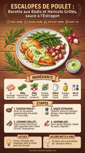 Recette Escalopes de Poulet : recette aux Radis et Haricots Grillés, sauce à l’Estragon