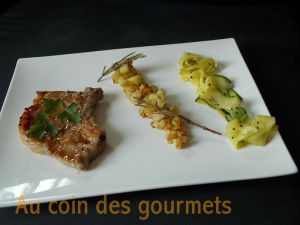 Recette Côte de porc caramélisée soja/miel - tagliatelles de courgette - pdt rissolées