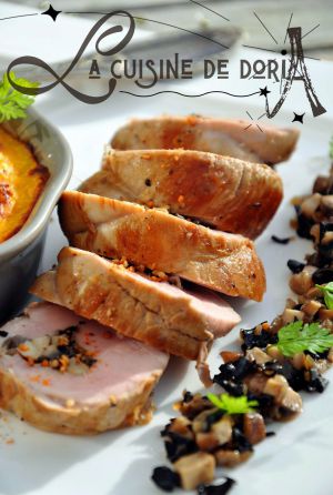 Recette Filet mignon à la duxelles de champignons des bois, et purée de courge