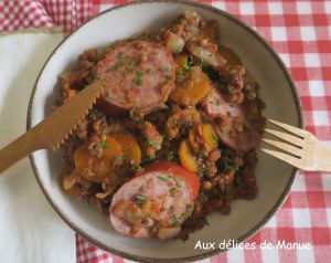 Recette Lentilles à la pulpe de tomate carotte, et saucisson à l'ail fumé