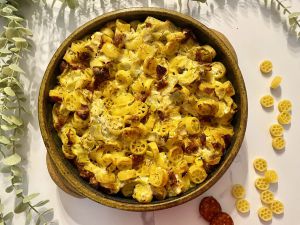 Recette Gratin de pâtes aux poireaux, chorizo et ricotta