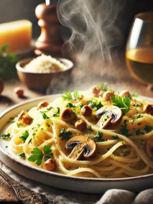 Recette Spaghettis carbonara végétariens aux champignons et noisettes