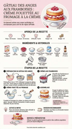 Recette Gâteau des anges aux framboises : crème fouettée au fromage à la crème