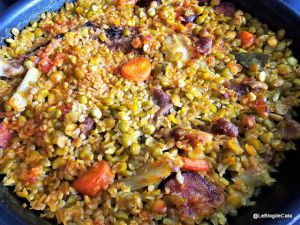 Recette 'Paella' au riz konjac et aux pois cassés