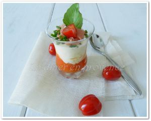Recette Compotée de tomates, fromage frais, basilic et jambon cru