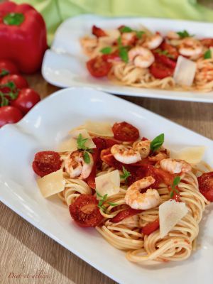 Recette Spaghetti aux gambas et sa sauce au poivron et à la tomate