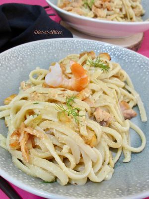 Recette Linguine façon carbonara au saumon et aux crevettes