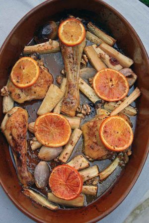 Recette Cuisses de poulet aux oranges sanguines, panais et sirop d'érable