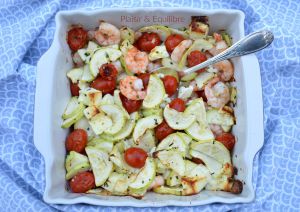 Recette Crevettes à l’ail, feta et légumes au four