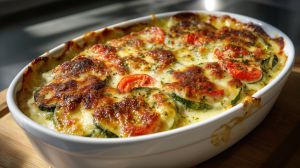 Recette Gratin de pangas, purée de courgettes et tomates