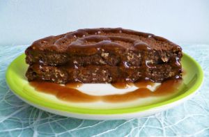 Recette Pancake vegan hyperprotéiné chocolat-noisette-érable-son d'avoine (diététique, sans gluten-beurre-sucre-oeuf et riche en fibres)