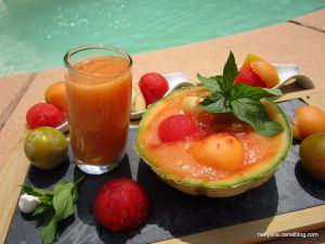 Recette Jus et corbeille de fruits "melon/pastèque/prunes/mangue/pomme"