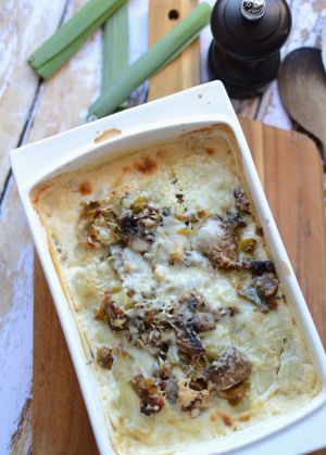 Recette Gratin de Ravioles poireaux et champignons #végétarien