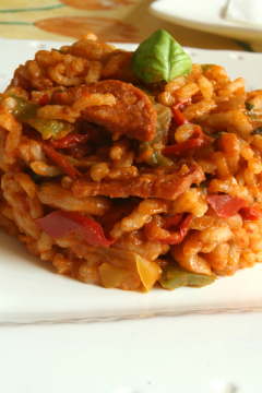 Recette Risotto de crevettes, chorizo & poivrons