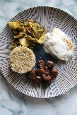Recette L’assiette du jour : Filet d’églefin au curry vert, quinoa, courgettes et marrons