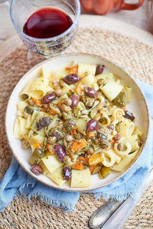 Recette Pâtes aux légumes grillés et pesto de roquette