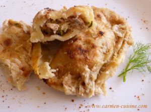 Recette Gratin de raviole saumon-courgette et sa crème de fenouil