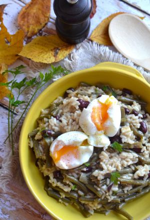 Recette One pan riz haricots verts haricots rouges et oeuf mollet #végétarien