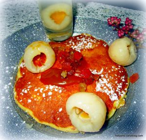 Recette Pancakes au caramel, fruits confits, litchis, avec une préparation KIMCHI PASSION