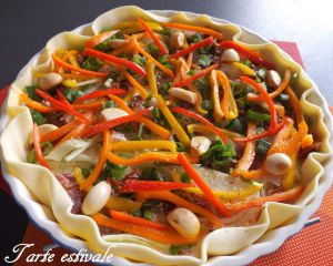 Recette Quiche estivale : Jambon cru, tomates séchées, oignon frais, mini-poivrons, parmesan, fromage frais ail et fines herbes