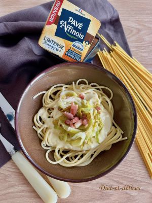 Recette Spaghetti aux poireaux, lardons et sauce fromagère