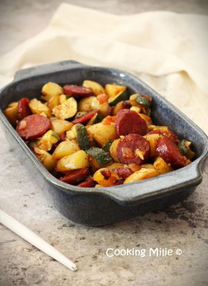 Recette Pommes de terre et courgettes rôties au four et chorizo grillé