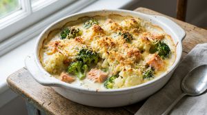 Recette Gratin sain et savoureux de brocoli, chou-fleur et saumon : recette minceur gourmande