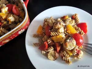 Recette Pâtes Energus10 avec butternut, feta, boudin blanc rôtis au four