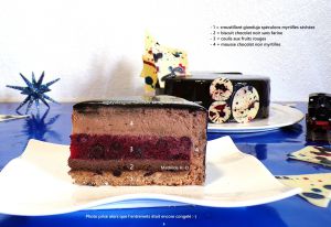 Recette Etat de Choc 80 sur une base de Sébastien Bouillet : croustillant gianduja spéculoos myrtilles séchées, biscuit chocolat noir sans farine, coulis aux fruits rouges, mousse chocolat noir myrtilles
