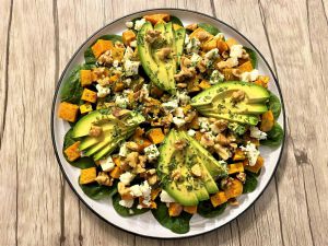 Recette Salade de patate douce, avocat, roquefort et noix