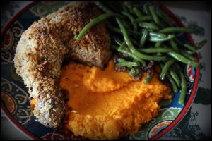 Recette Cuisse de poulet croustillante aux amandes et purée de carottes