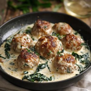 Recette Dévoilez le secret des Boulettes de Poulet Ricotta : une Recette au Four irrésistible avec Sauce Alfredo aux Épinards