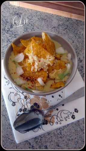 Recette Sweet corn chowder , soupe de maïs à la polenta et aux tortillas de maïs gratinée à la mozzarella (2eme version )
