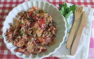 Recette Riz aux crevettes, tomates et oignon