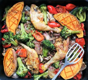 Recette Cuisses de poulet aux patates douces, poivron & brocoli