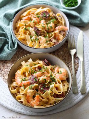 Recette Fettuccine aux crevettes & chorizo