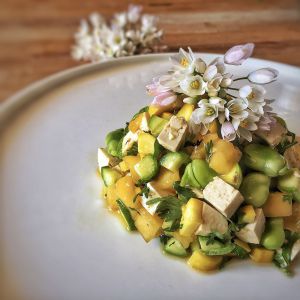 Recette Tartare tofu fumé aux courgettes, mangue et ail des ours