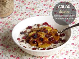 Recette Gruau d'avoine vegan aux pommes caramelisees, fruits secs et graines