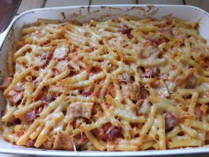 Recette Gratin de pâtes tomate chorizo poulet et comté