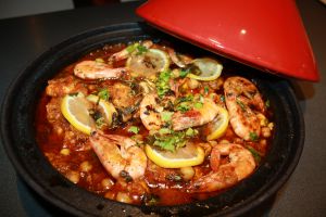 Recette Tajine de dos de cabillaud aux crevettes poivrons fenouil