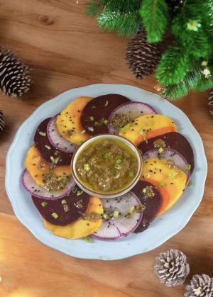 Recette Carpaccio festif de betteraves, mangue et radis blue meat