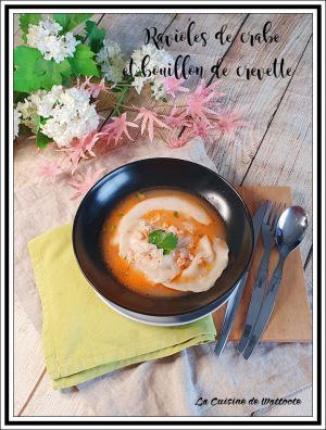 Recette Ravioles de crabe et bouillon de crevettes, huile de langoustine (facultatif)