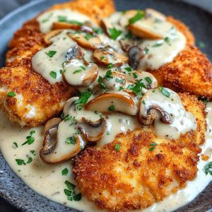 Recette Découvrez la Splendeur Gourmande : Poulet Croustillant à la Sauce Crémeuse de Champignons et Parmesan