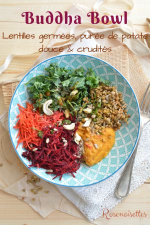 Recette Buddha Bowl aux lentilles germées, purée de patate douce et crudités (végan)