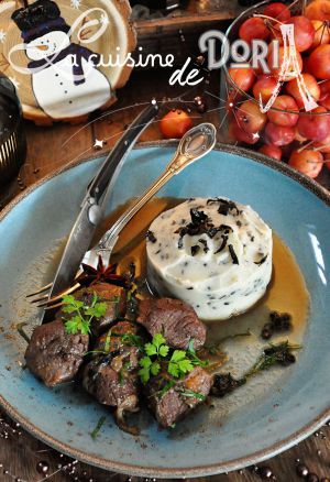 Recette Joue de porc aux épices, purée de pommes de terre aux trompettes de la mort