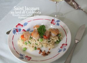 Recette Saint Jacques au lard de colonnata et risotto aux petits pois frais
